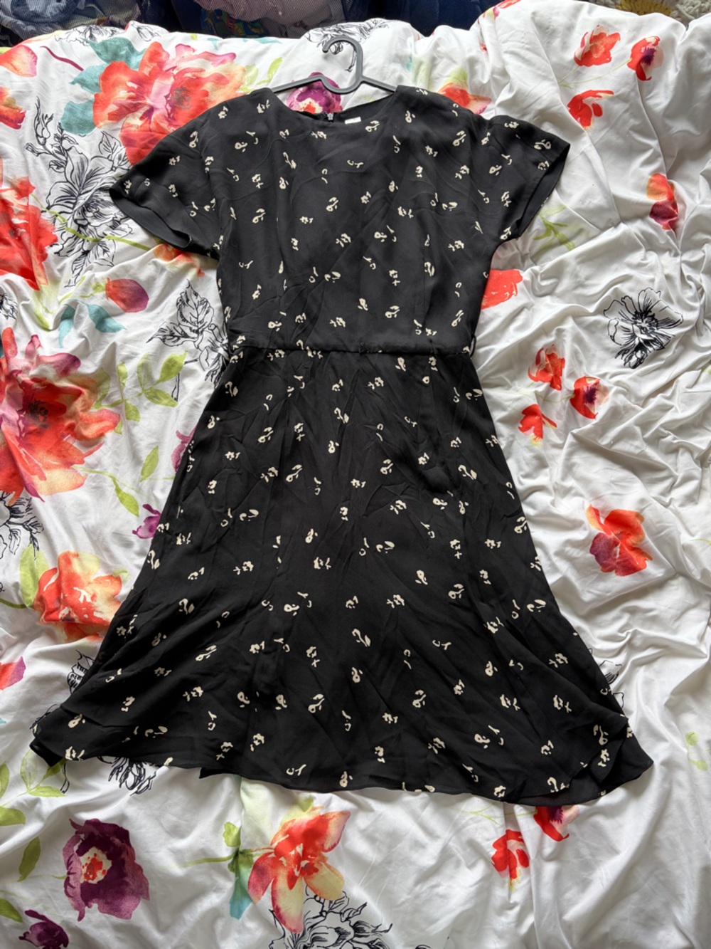 Vintage Dana Buchman Silk Black Midi Dress with Cream Floral Print